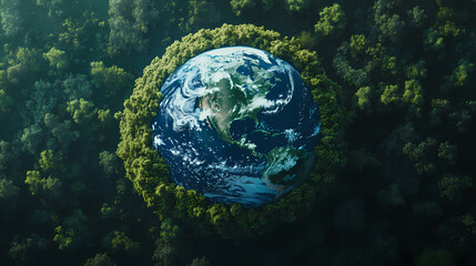 Obraz premium Earth surrounded by trees, showcasing environmental protection and ecological balance