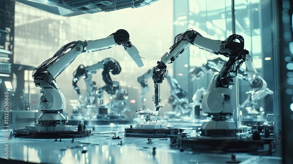 Poster automated factory with robotic arms working on an assembly line
