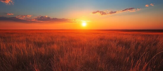 Fototapeta premium A golden sunset over a field of tall grass.