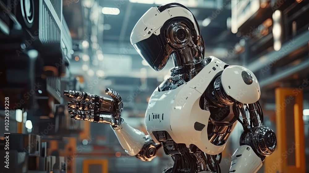 Poster a futuristic white robot with chrome accents in a factory setting