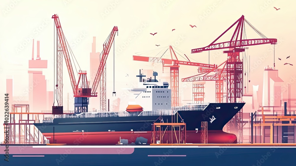 Poster a large cargo ship docked in a shipyard with multiple cranes