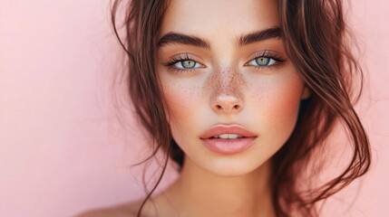 Fototapeta premium Portrait of a beautiful young woman with freckles and blue eyes looking directly at the camera against a soft pink background.