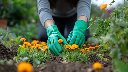 Fototapeta premium Woman with green gloves planting small marigolds in a bed, gardening in springtime.