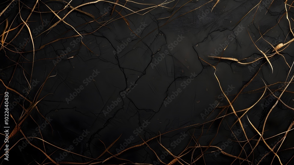 Poster black stone texture background with cracks and gold wire frame with copy space for text