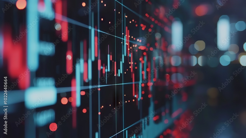 Poster financial business analytics with candlestick chart showing trading quotations, kpi performance metr