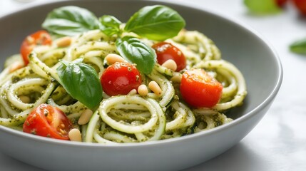 macaroni pasta seasoned with fresh pesto sauce and bright cherry tomatoes creates an appetizing dish beautifully arranged in an elegant gray bowl on a marble table. place for text