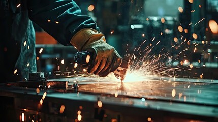 A Welder's Hand Operating a Cutting Torch with Sparks Flying