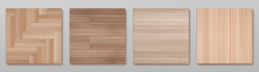 Top view on wood floor surface. Realistic 3d vector illustration set of brown wooden herringbone and plank pattern laminate or parquetry tile samples. Natural hardwood texture plank tabletop.