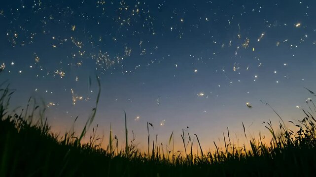 Camera fly around a field of grass at night with fireflies, low key lighting, practical light, 360-degree video