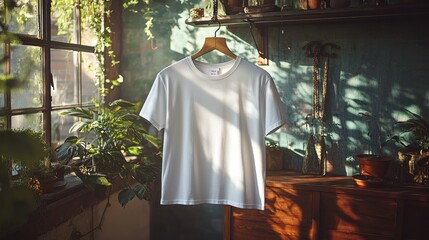 Fototapeta premium A white t-shirt hangs in a sunlit room surrounded by plants.