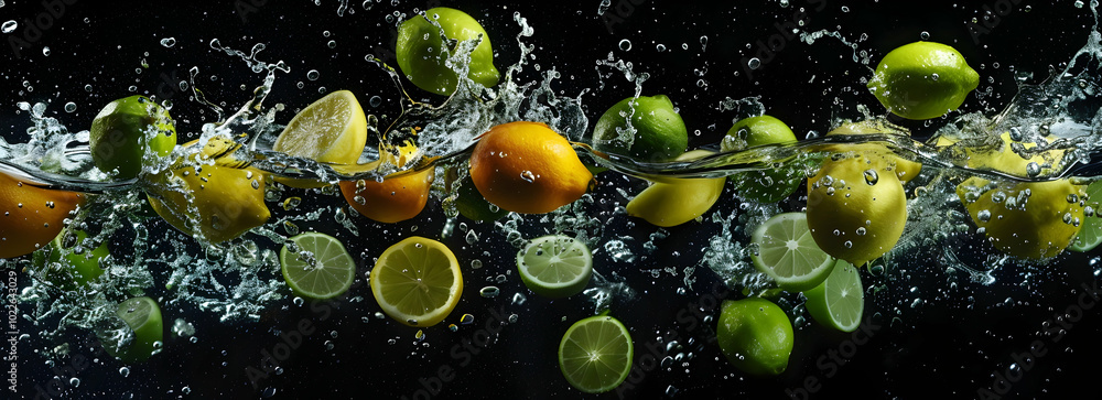 Poster in the center of an isolated black background, there is water splashing and lemons falling into it. 