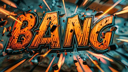 3D Orange and Blue "Bang" Text with Exploding Debris