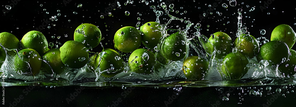 Poster a high-speed action shot of limes being scattered across the screen, each one falling into water wit
