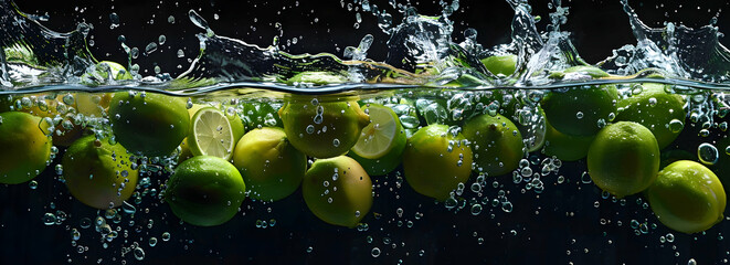 A high-speed action shot of limes being scattered across the screen, each one falling into water with splashes and bubbles against a black background