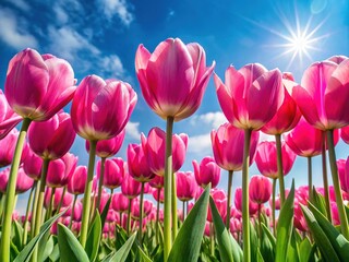 Pink Tulips Against Blue Sky - Vibrant Spring Banner for International Women's Day & Mother's Day Celebrations