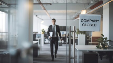 A businessman exits an office marked 'Company Closed,' reflecting on sudden changes in the corporate environment.