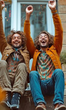 A gay couple and a young non-binary man with a fluid gender identity and LGBT cross-dressing are having fun in the flat.