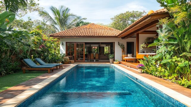 A luxurious villa with a private pool and lush tropical landscaping.