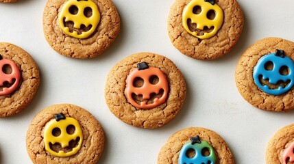 Obraz premium Close-up of Homemade Halloween Cookies Decorated with Colorful Jack-o'-Lantern Faces on a White Surface
