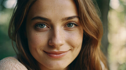 Obraz premium Young woman smiles. Close up.Long hair and bright eyes. commercial photo. copy space