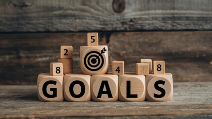 Wooden blocks arranged to form the word 'GOALS' with a target symbol, symbolizing achievement and motivation in a rustic setting.