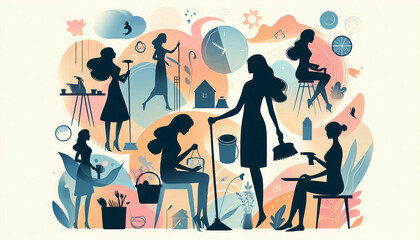 Illustration of women doing various household chores, highlighting daily routines in a vibrant and dynamic style