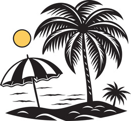 Beach scene with umbrella and coconut tree silhouette image
