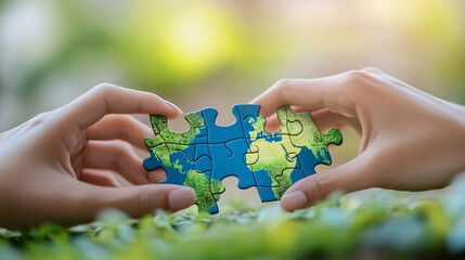 World Environment Day and ESG concept of teamwork and partnership. Hands join jigsaw puzzle pieces with global community sustainable save Earth. The environment World Earth Day concept.