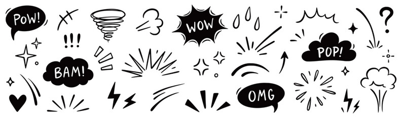 Comic boom cartoon effect line element set. Comic speech bubble pow, boom text, explosive splash smoke, wow cartoon vector icon. Hand drawn sketch doodle explosive element. Vector illustration.