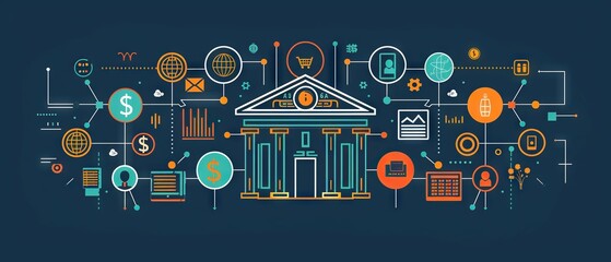 Fintech vector illustration featuring connected icons representing financial technology services, innovative banking solutions, digital transactions, and mobile payment systems