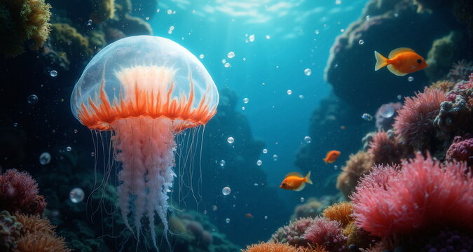 Podwodny świat raf koralowych. Grafika przedstawia bogactwo życia kryjące się w oceanach. Widzimy kolorowe rybki i stworzenia wodne.  Na pierwszym planie znajduje się meduza.