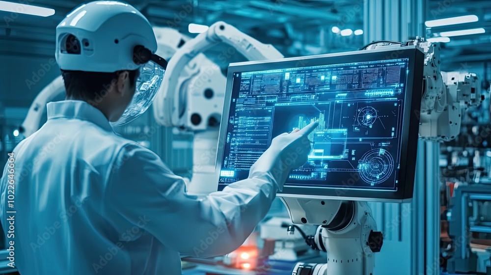 Poster a man in a white lab coat interacts with a computer screen in a high-tech factory.
