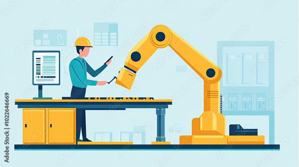 Poster factory worker monitoring a robotic arm moving a box