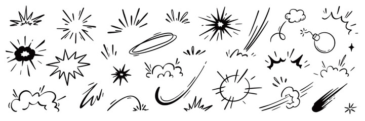 Comic cartoon boom speed effect, explosive motion line element set. Comic boom burst, explosive smoke, line speed cartoon vector icon. Hand drawn sketch doodle action effect. Vector illustration.. © Polina Tomtosova
