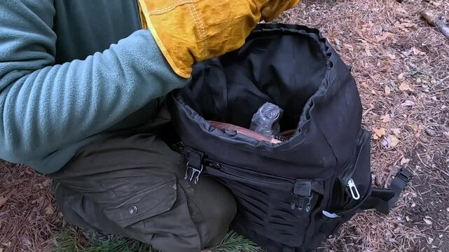 A man packs or packs things into a backpack in the forest