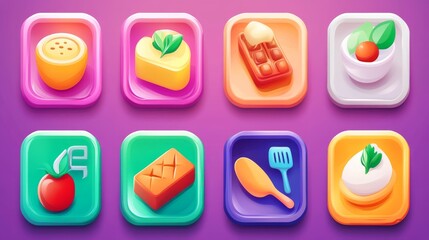 Brightly colored vector icons of kitchen utensils and ingredients for a cooking app. 
