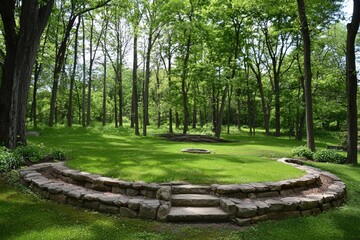 A tranquil gathering spot surrounded by lush trees in a serene woodland setting