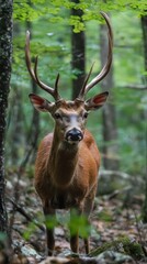 Fototapeta premium A majestic deer stands tall in the lush forest during the tranquil morning light