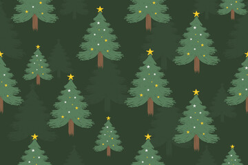 Fototapeta premium Christmas seamless pattern. Celebrate festival. Christmas tree hand drawn. Vector conifer Ikat style. Design for background, illustration, fabric, wrapping, paper, gift, greeting cards.