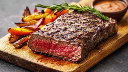 Grilled Steak with Vegetables on Wooden Board