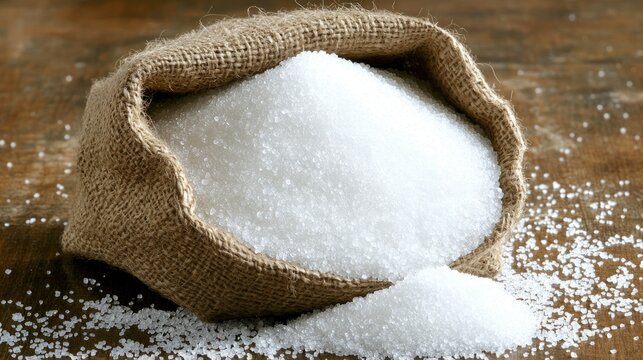 Granulated Sugar in a Burlap Sack on Wooden Surface