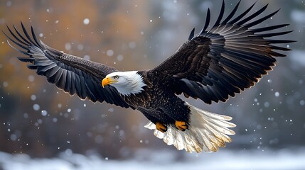 Obraz premium a bald eagle with its wings fully spread, gliding over a river with its reflection visible in the water. bald eagle soaring over a river, eagle and natural habitats, wildlife