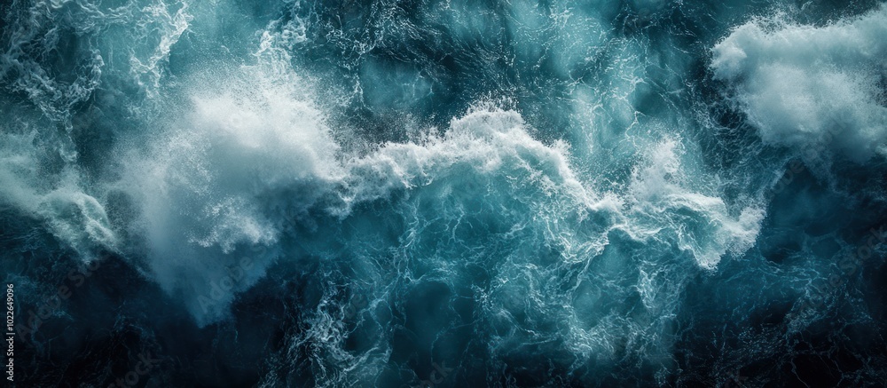 Poster aerial view of ocean waves with white foam creating a turbulent abstract pattern.