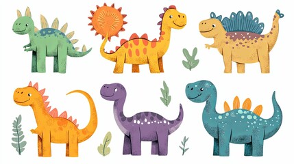Six Cartoon Dinosaurs with Smiling Faces and Different Colors