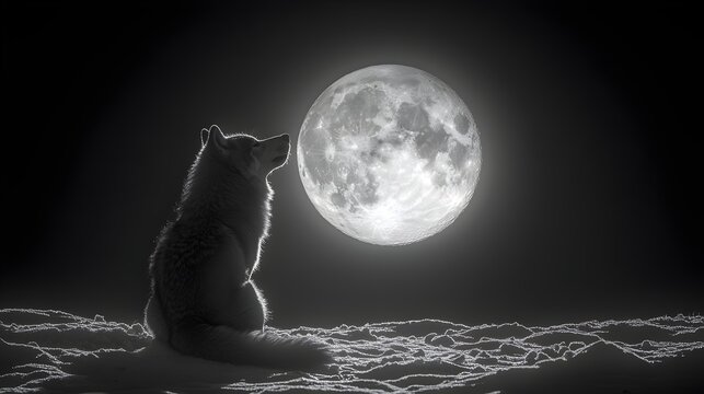 a silhouetted image of a lone wolf howling at the moon, standing on a snow-covered hill. wildlife in winter landscapes, nature and animal behavior in the wild