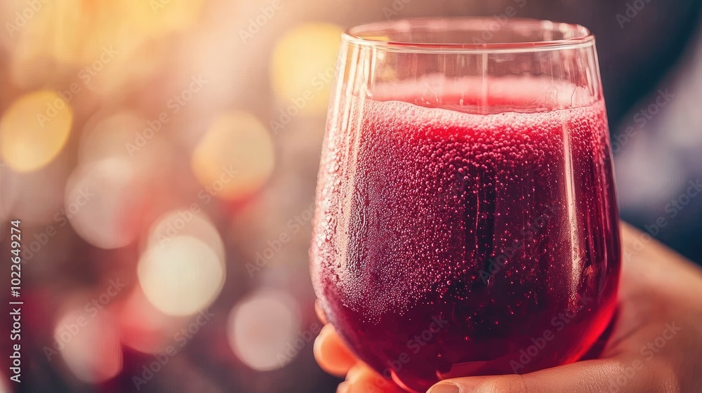 Poster refreshing red drink in a glass with bokeh background