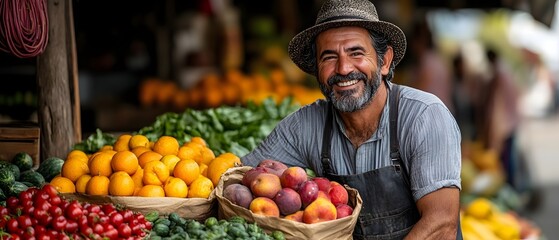 cheerful street vendor packs colorful, fresh produce into a recycled paper bag. sustainable packaging and eco-friendly practices, farmers market and local produce, organic fruits and vegetables