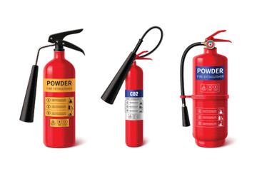 Obraz premium Realistic red fire extinguisher with sprayer and labels for instructions about providing emergency assistance in extinguishing flame. 3d vector set of different firefighter portable equipment mockup.