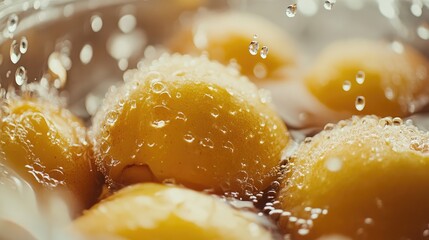 Fresh Lemons with Water Bubbles in Close-Up