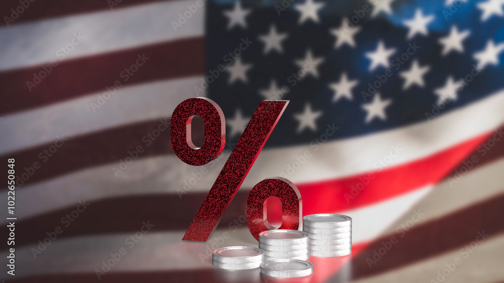 Wall mural the percent and coins on usa flag background 3d rendering..